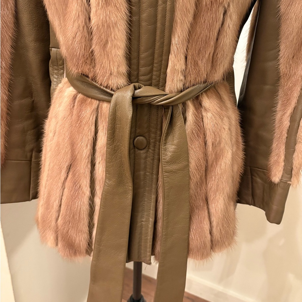 Vintage Mink Fur & Leather Coat Belted Brown Jacket - Picture 6 of 11